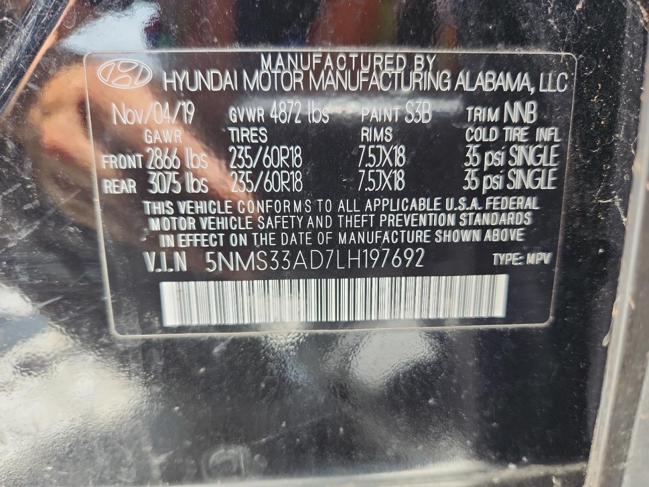 2020 Hyundai Santa Fe Sel VIN: 5NMS33AD7LH197692 Lot: 63808075