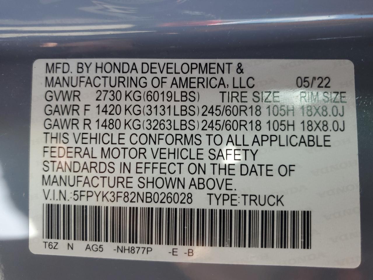2022 Honda Ridgeline Black Edition VIN: 5FPYK3F82NB026028 Lot: 62968005