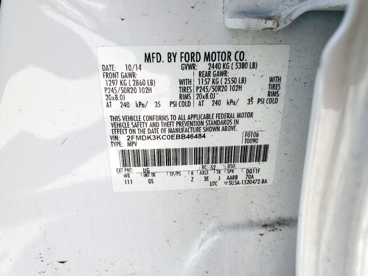 2014 Ford Edge Limited VIN: 2FMDK3KC0EBB46484 Lot: 64979055