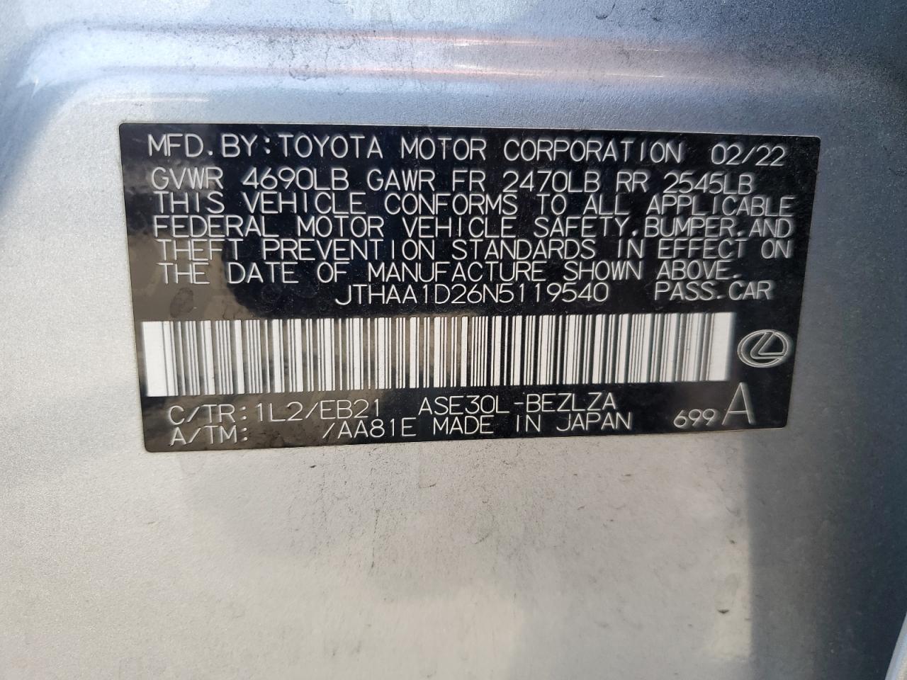 2022 Lexus Is 300 VIN: JTHAA1D26N5119540 Lot: 64757845