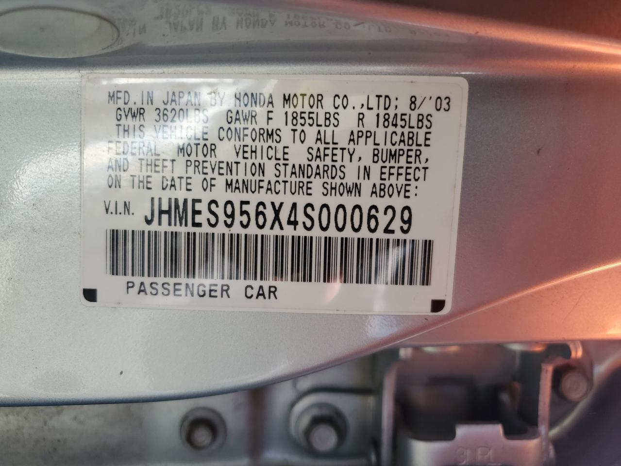 2004 Honda Civic Hybrid VIN: JHMES956X4S000629 Lot: 64626905