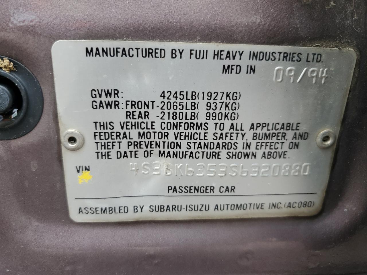 1995 Subaru Legacy L VIN: 4S3BK6353S6320880 Lot: 65086335