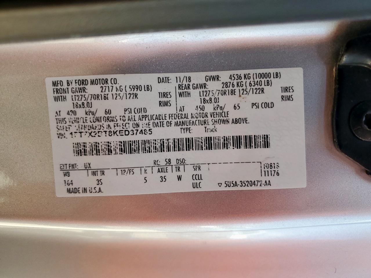 2019 Ford F250 Super Duty VIN: 1FT7X2BT8KED37485 Lot: 62767655