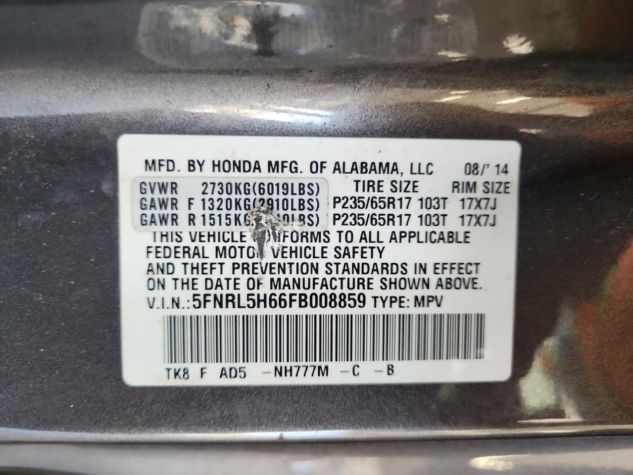 2015 Honda Odyssey Exl VIN: 5FNRL5H66FB008859 Lot: 64211605