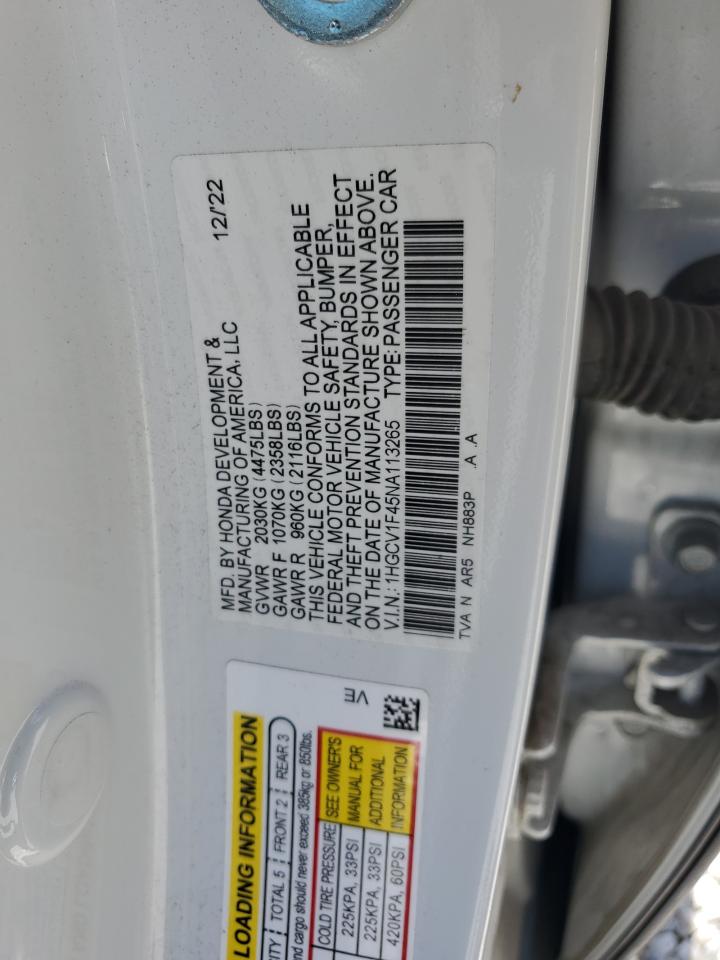 2022 Honda Accord Sport Se VIN: 1HGCV1F45NA113265 Lot: 65773025