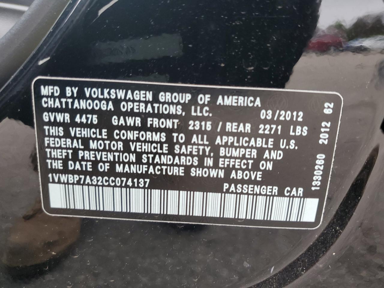 2012 Volkswagen Passat Se VIN: 1VWBP7A32CC074137 Lot: 64570135