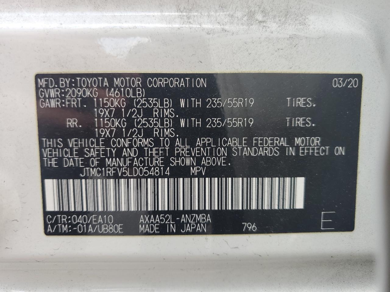 2020 Toyota Rav4 Xle Premium VIN: JTMC1RFV5LD054814 Lot: 65439725