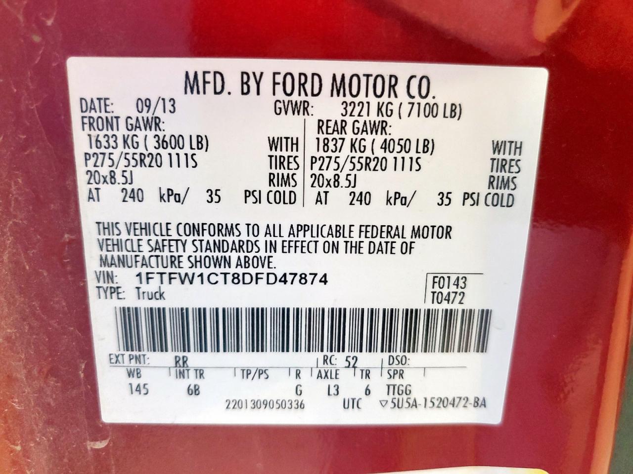 2013 Ford F150 Supercrew VIN: 1FTFW1CT8DFD47874 Lot: 66729625