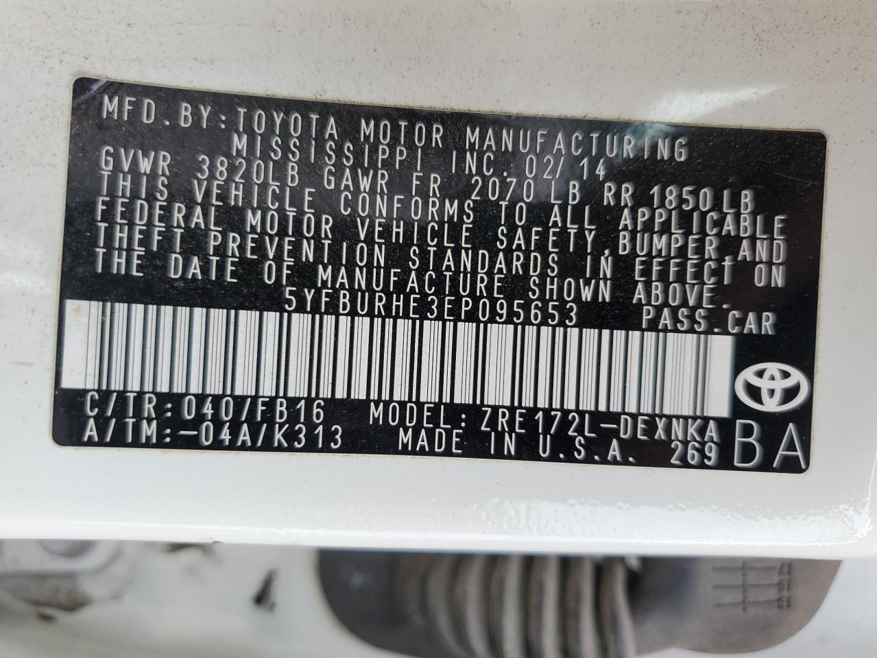 5yfburhe3ep095653 5YFBURHE3EP095653 2014 Toyota Corolla L