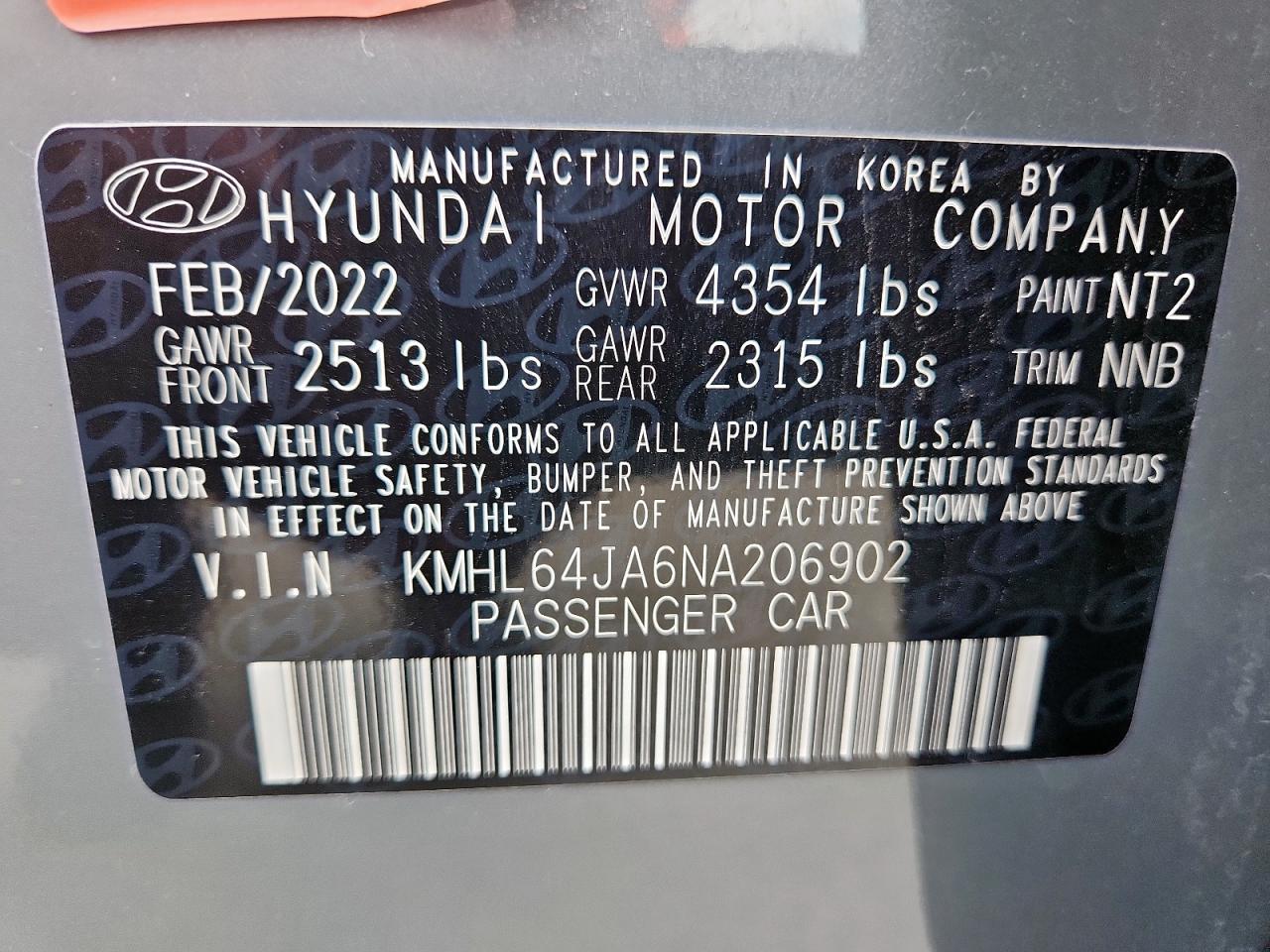 2022 Hyundai Sonata Sel VIN: KMHL64JA6NA206902 Lot: 63050235