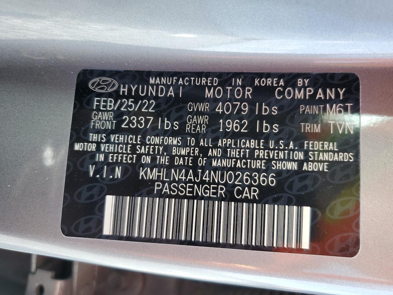2022 Hyundai Elantra Limited VIN: KMHLN4AJ4NU026366 Lot: 64423875