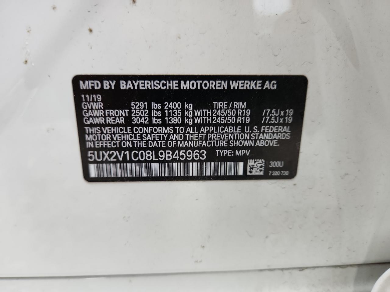 2020 BMW X4 xDrive30I VIN: 5UX2V1C08L9B45963 Lot: 63091025