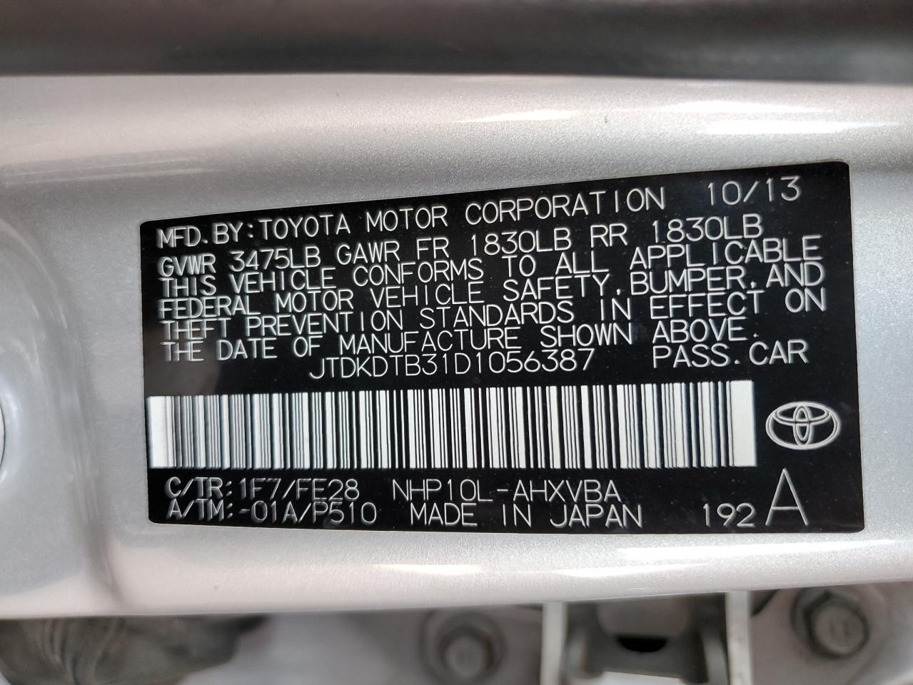 2013 Toyota Prius C VIN: JTDKDTB31D1056387 Lot: 63293315