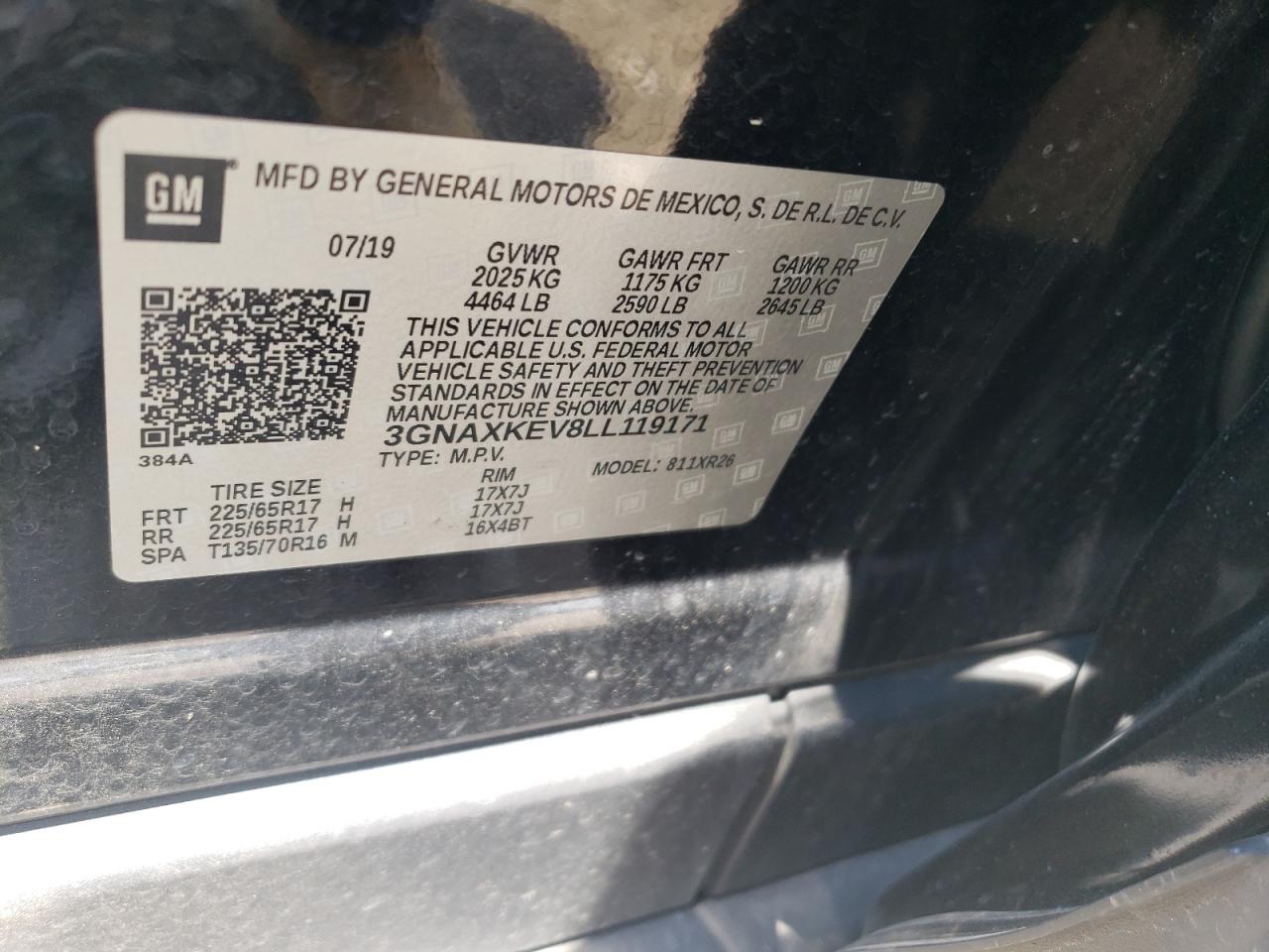 2020 Chevrolet Equinox Lt VIN: 3GNAXKEV8LL119171 Lot: 64748445