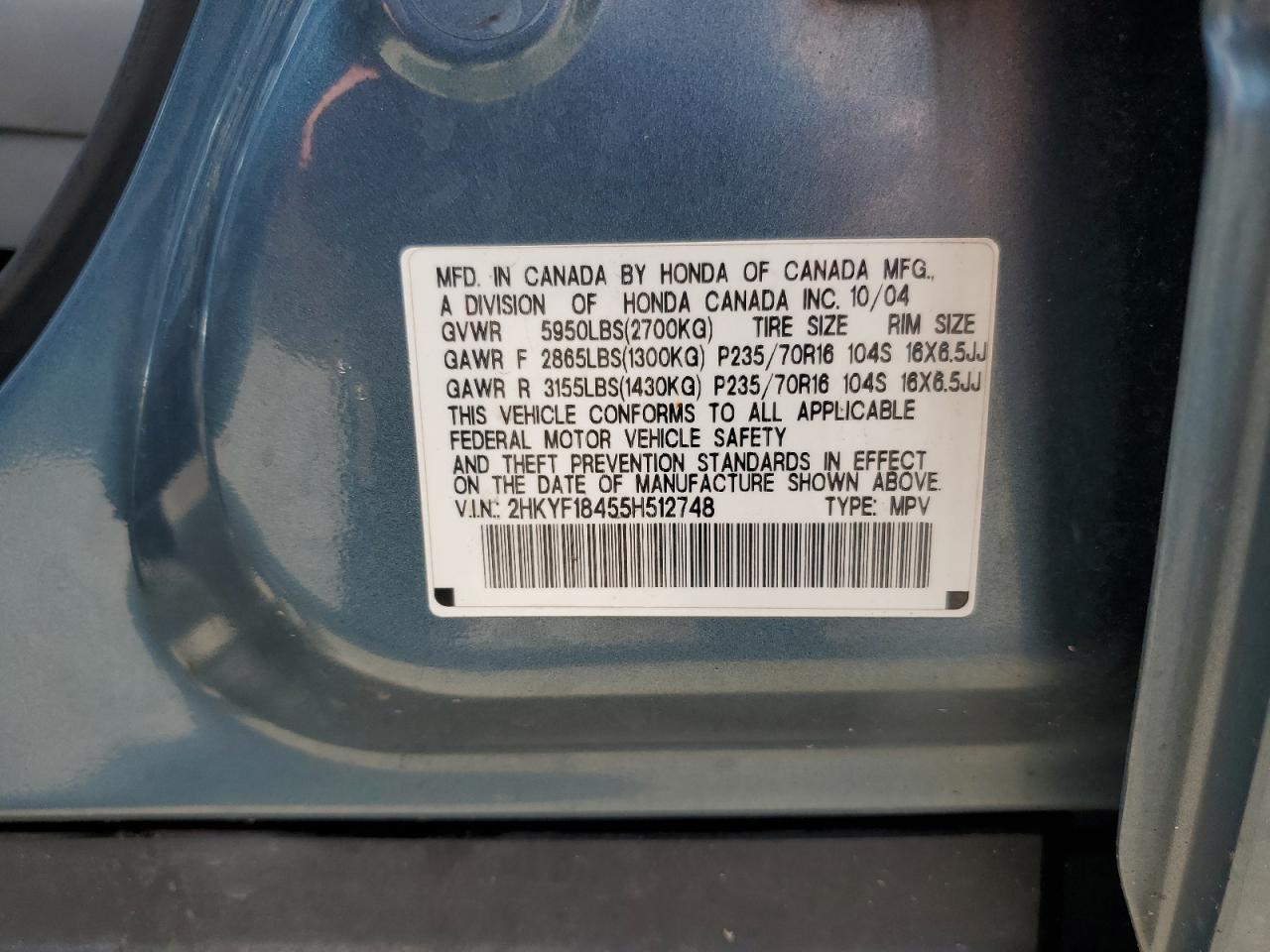 2005 Honda Pilot Ex VIN: 2HKYF18455H512748 Lot: 63251595
