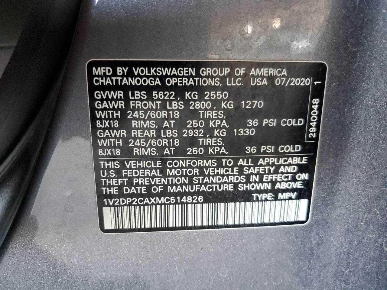 2021 Volkswagen Atlas Se VIN: 1V2DP2CAXMC514826 Lot: 63786665
