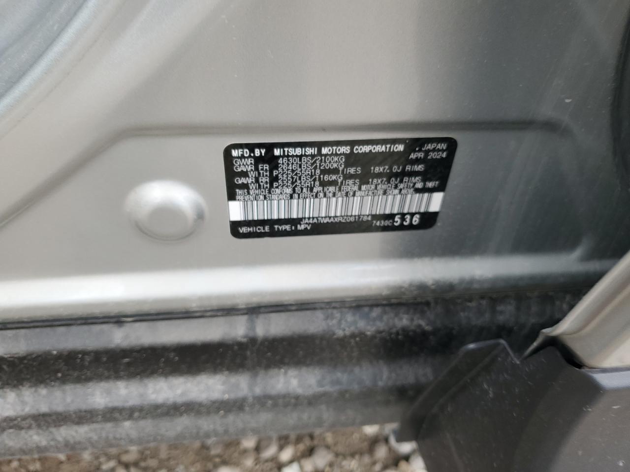 2024 Mitsubishi Eclipse Cross Se VIN: JA4ATWAAXRZ061784 Lot: 63496215