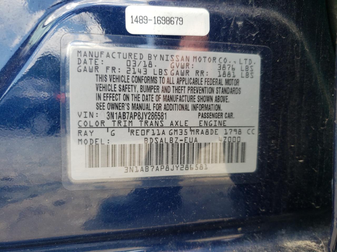 2018 Nissan Sentra S VIN: 3N1AB7AP8JY286581 Lot: 63494685