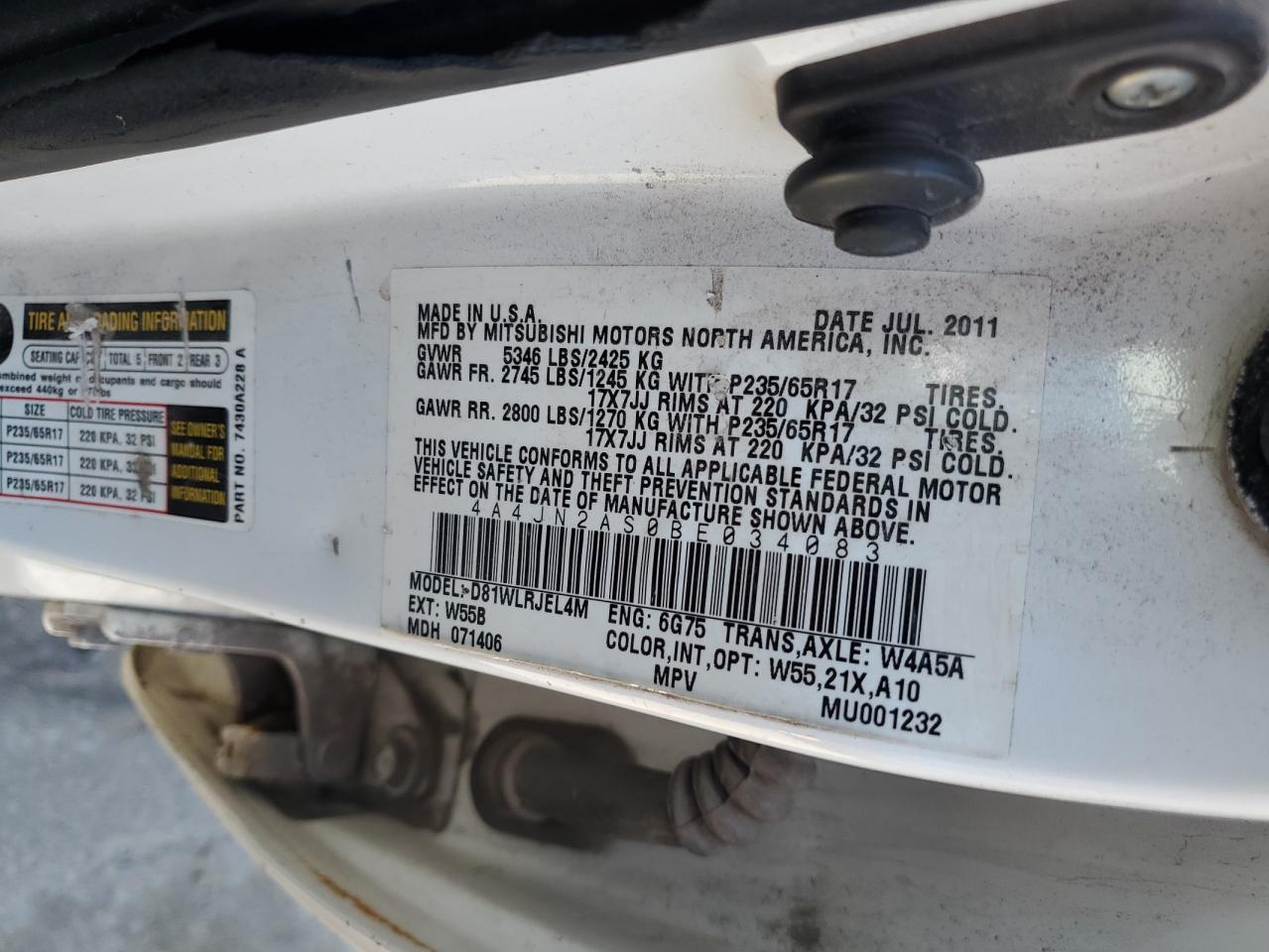 2011 Mitsubishi Endeavor Ls VIN: 4A4JN2AS0BE034083 Lot: 64018755
