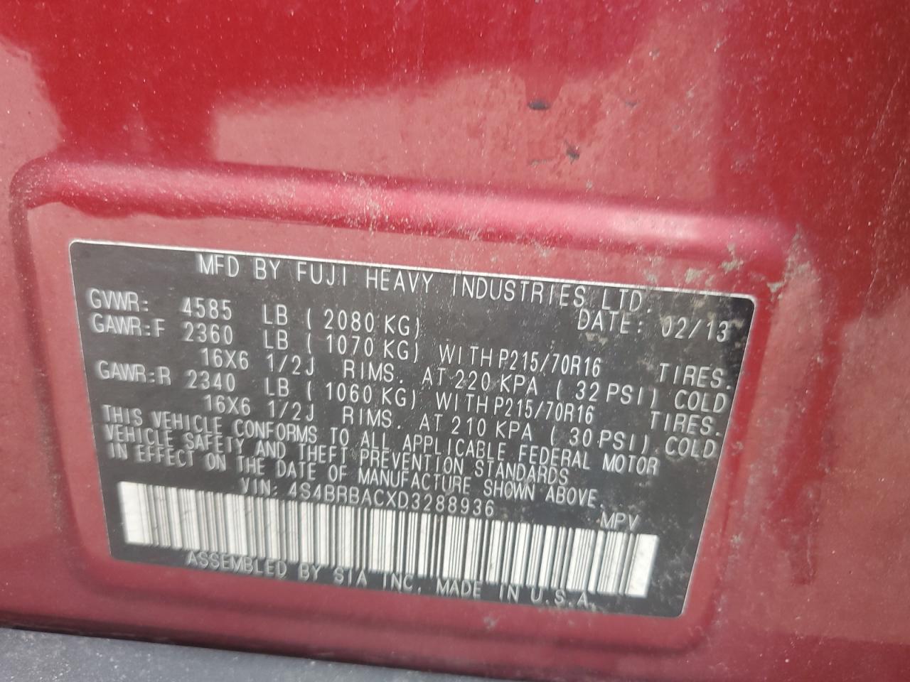 2013 Subaru Outback 2.5I VIN: 4S4BRBACXD3288936 Lot: 63708595