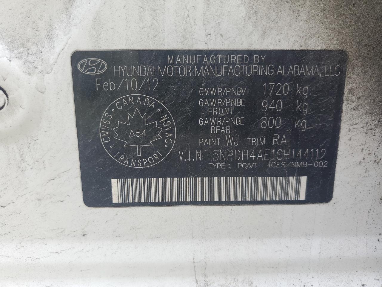 2012 Hyundai Elantra Gls VIN: 5NPDH4AE1CH144112 Lot: 65340355