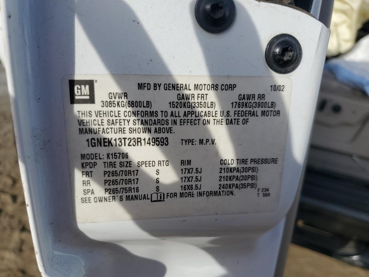 2003 Chevrolet Tahoe K1500 VIN: 1GNEK13T23R149593 Lot: 62584585