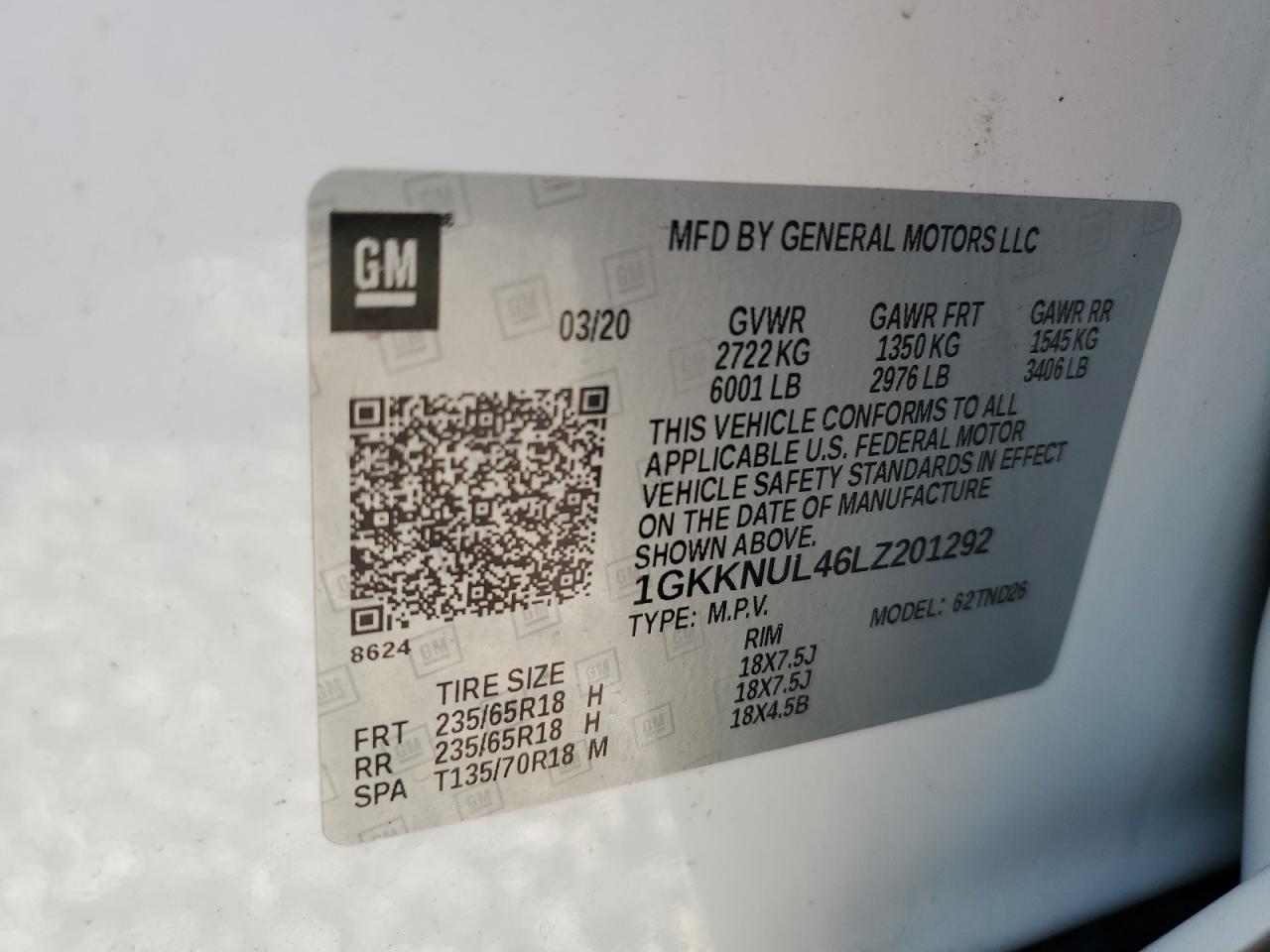2020 GMC Acadia Slt VIN: 1GKKNUL46LZ201292 Lot: 64987905