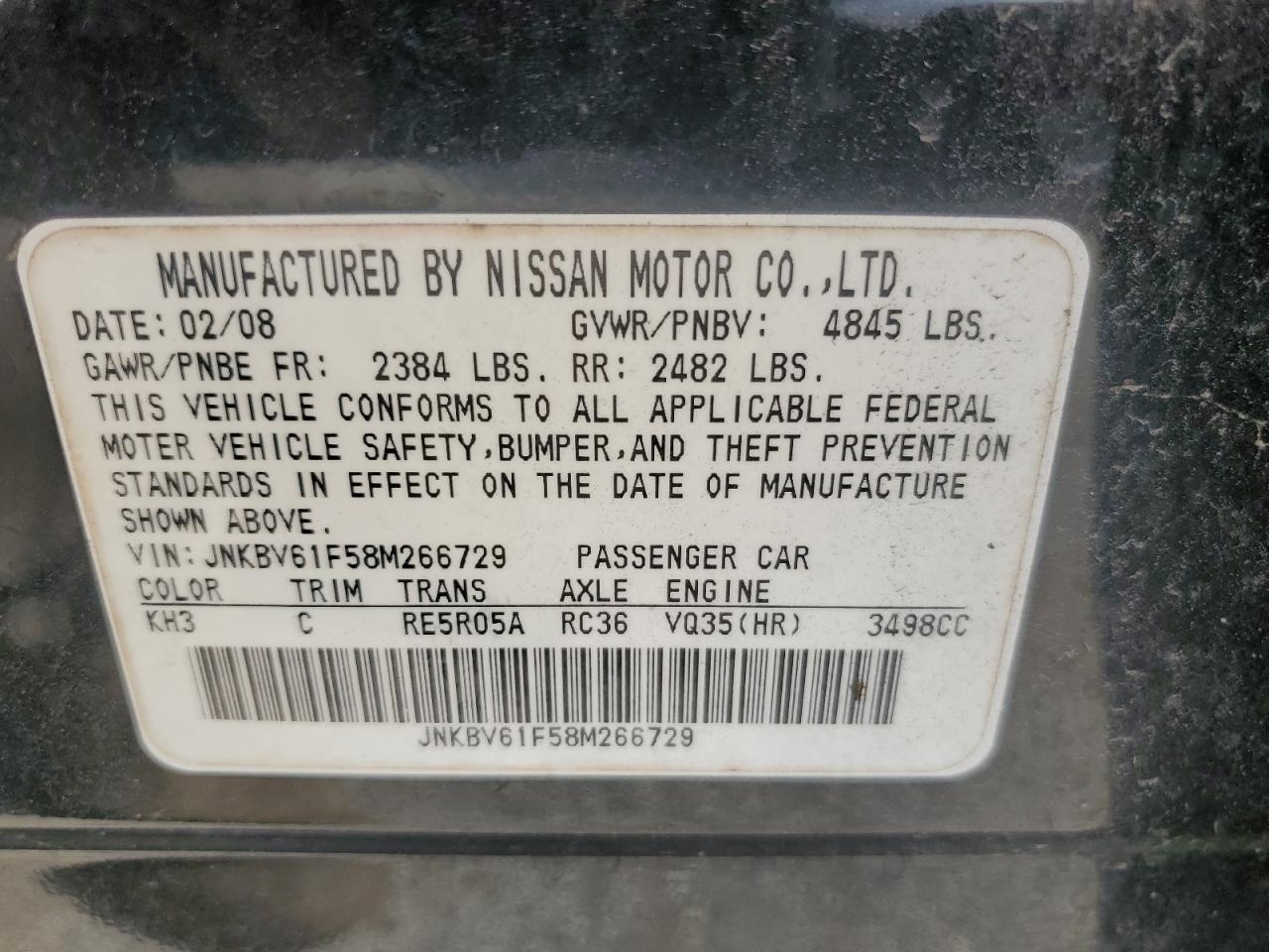 2008 Infiniti G35 VIN: JNKBV61F58M266729 Lot: 64479685