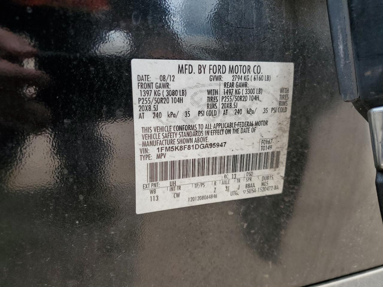2013 Ford Explorer Limited VIN: 1FM5K8F81DGA95947 Lot: 65174935