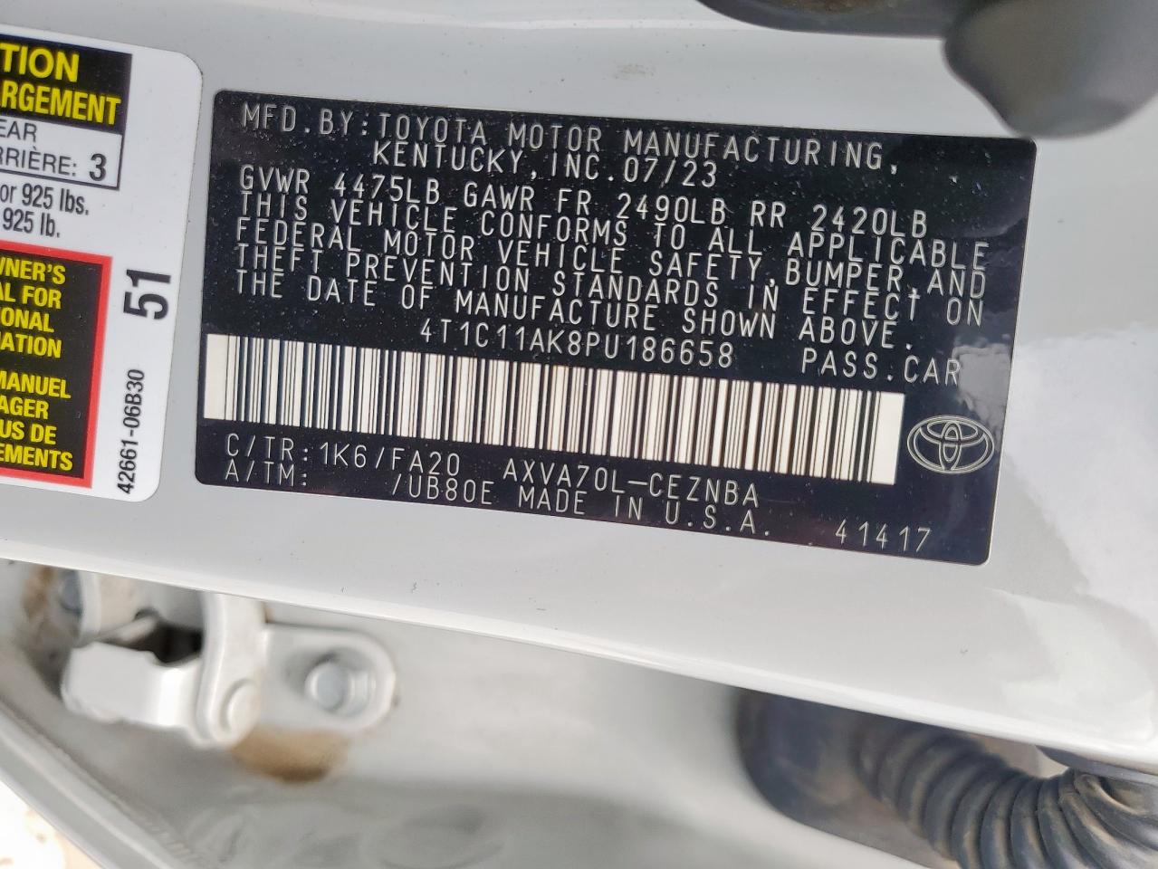 2023 Toyota Camry Le VIN: 4T1C11AK8PU186658 Lot: 63229705