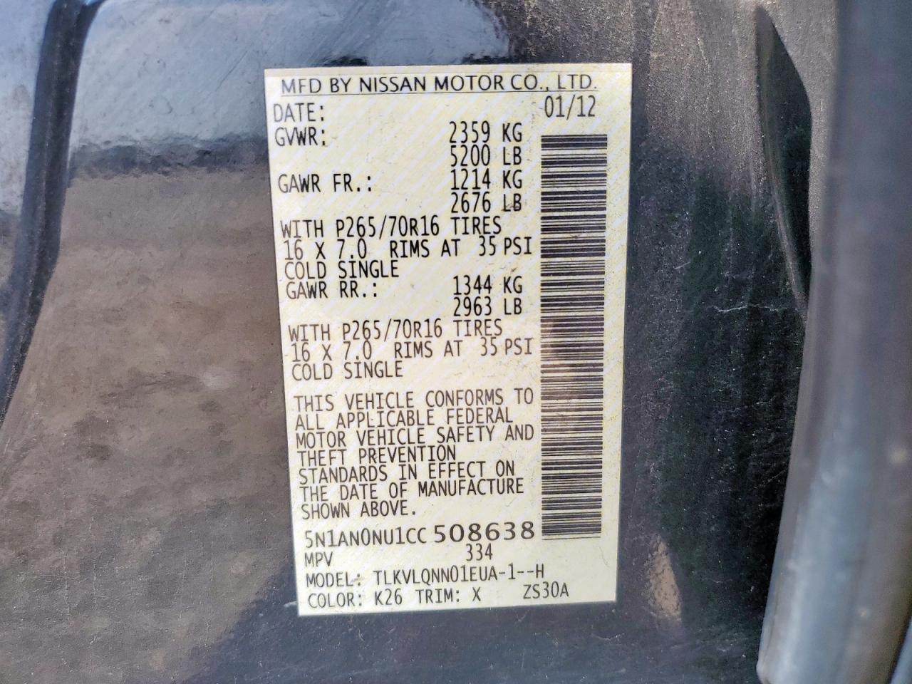 2012 Nissan Xterra Off Road VIN: 5N1AN0NU1CC508638 Lot: 64995185