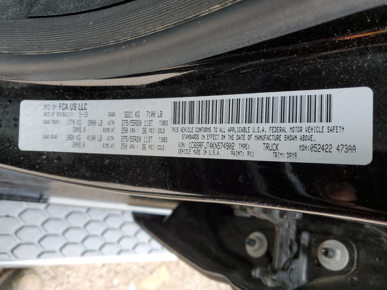 2019 Ram 1500 Laramie VIN: 1C6SRFJT4KN574902 Lot: 65145055