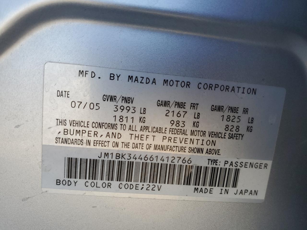 2006 Mazda 3 Hatchback VIN: JM1BK344661412766 Lot: 64854415