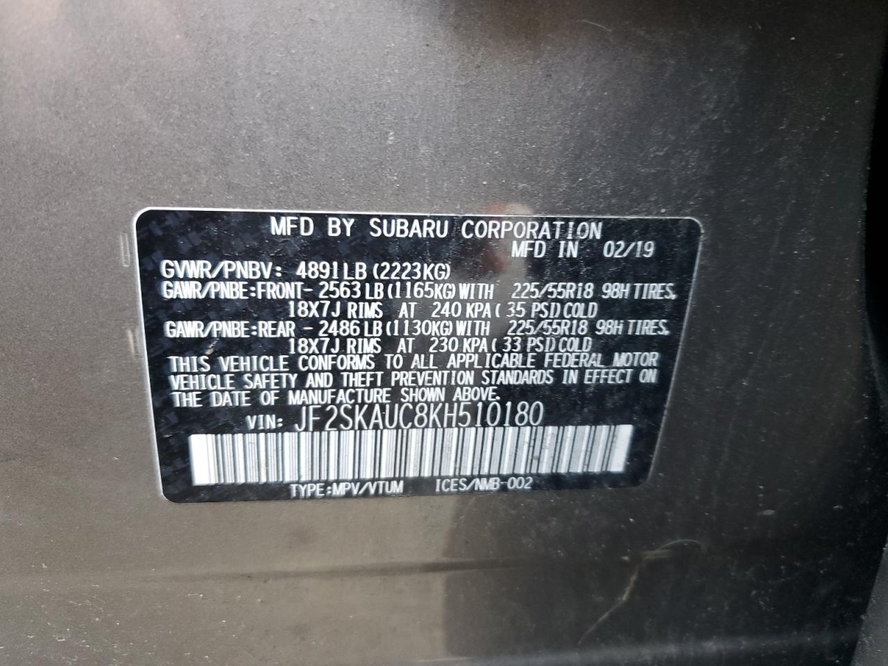 2019 Subaru Forester Limited VIN: JF2SKAUC8KH510180 Lot: 62845345