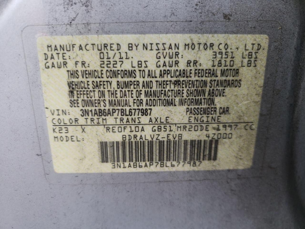 2011 Nissan Sentra 2.0 VIN: 3N1AB6AP7BL677987 Lot: 64175165