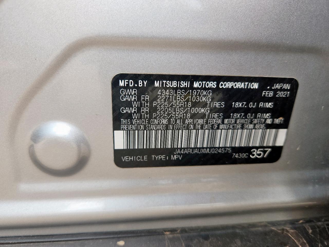 2021 Mitsubishi Outlander Sport Es VIN: JA4ARUAUXMU024575 Lot: 62880735