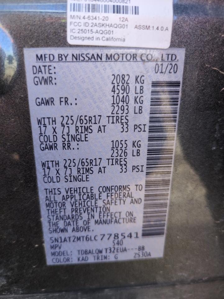 2020 Nissan Rogue S VIN: 5N1AT2MT6LC778541 Lot: 64289495