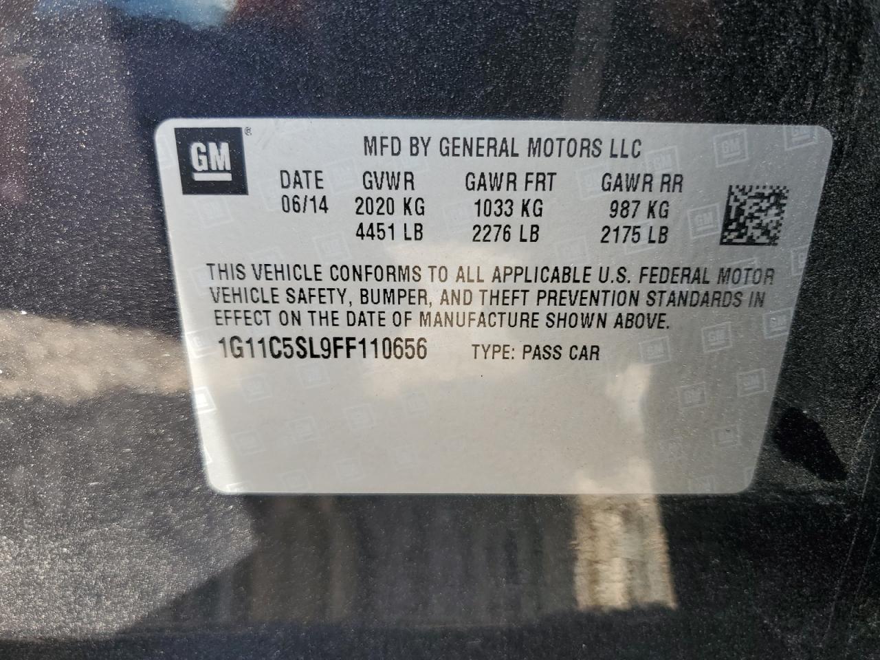 2015 Chevrolet Malibu 1Lt VIN: 1G11C5SL9FF110656 Lot: 64784305