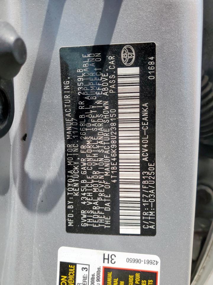 2008 Toyota Camry Ce VIN: 4T1BE46K98U238150 Lot: 66352425