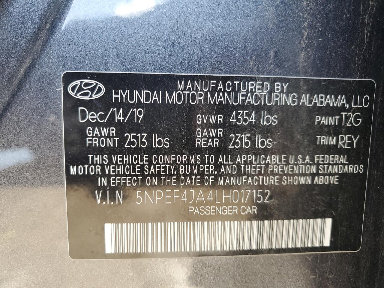 2020 Hyundai Sonata Sel VIN: 5NPEF4JA4LH017152 Lot: 64937225