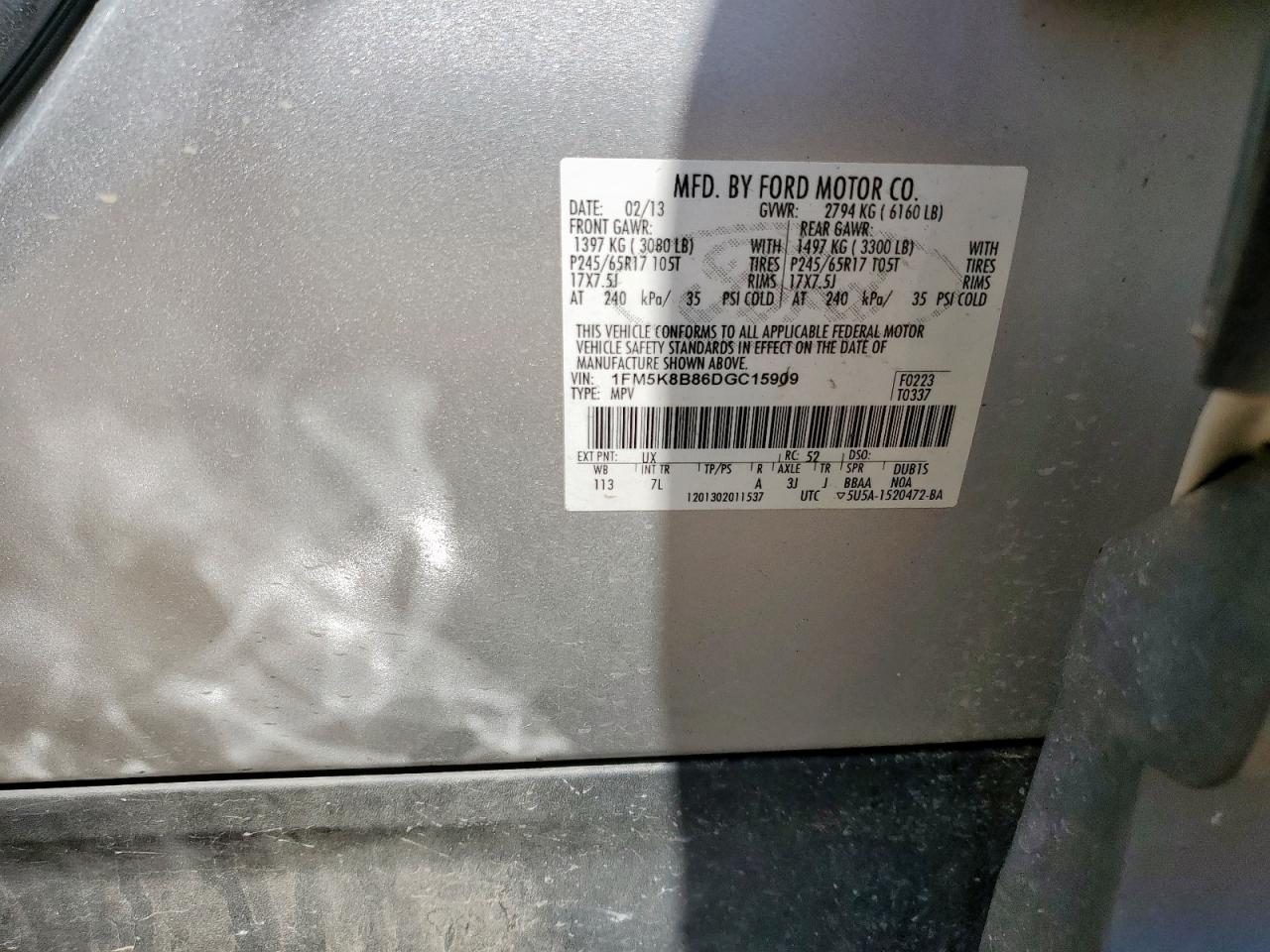 2013 Ford Explorer VIN: 1FM5K8B86DGC15909 Lot: 65451335