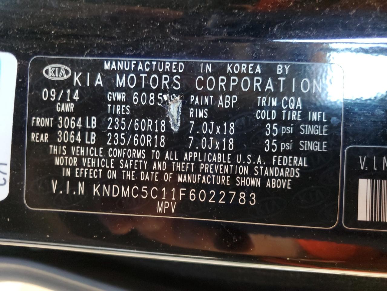 2015 Kia Sedona Ex VIN: KNDMC5C11F6022783 Lot: 63639975