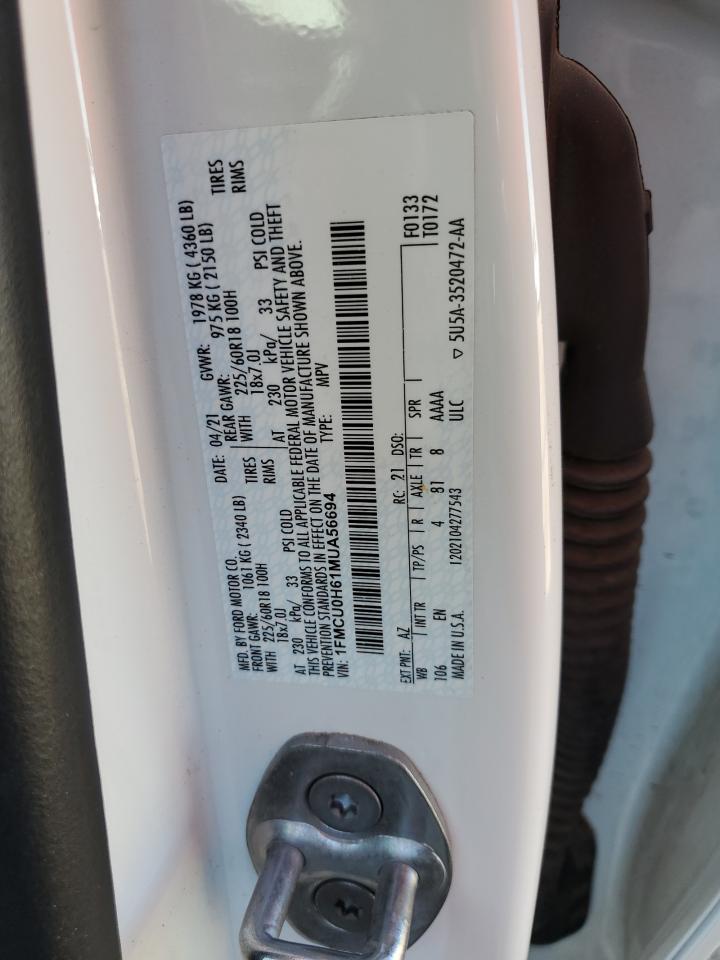 2021 Ford Escape Sel VIN: 1FMCU0H61MUA56694 Lot: 63783595