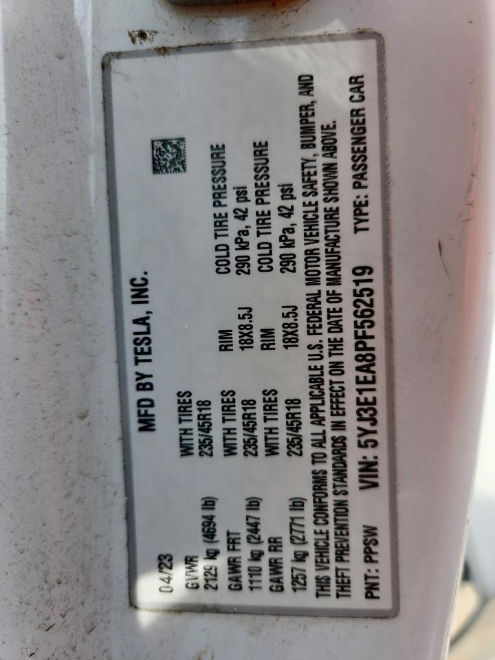 2023 Tesla Model 3 VIN: 5YJ3E1EA8PF562519 Lot: 63114065