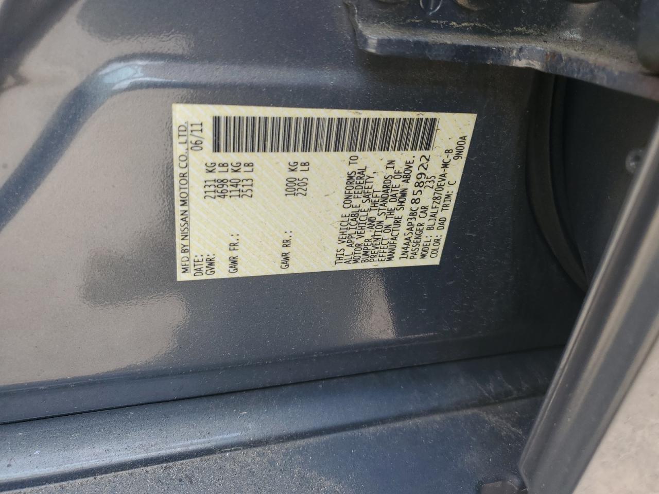 2011 Nissan Maxima S VIN: 1N4AA5AP3BC858922 Lot: 65837625