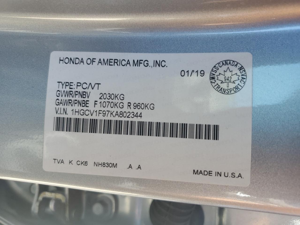 2019 Honda Accord Touring VIN: 1HGCV1F97KA802344 Lot: 64828315