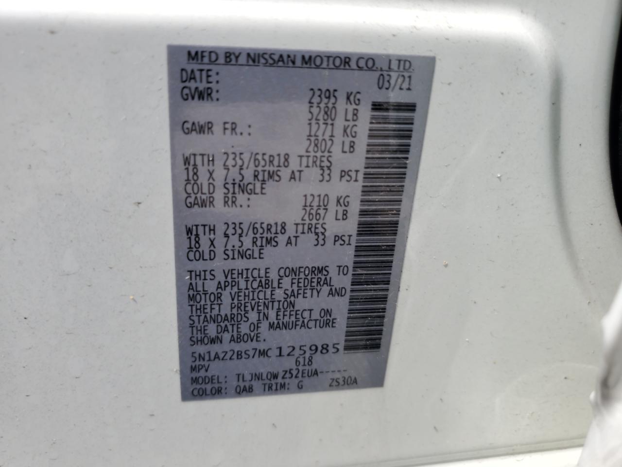 2021 Nissan Murano Sv VIN: 5N1AZ2BS7MC125985 Lot: 64685805