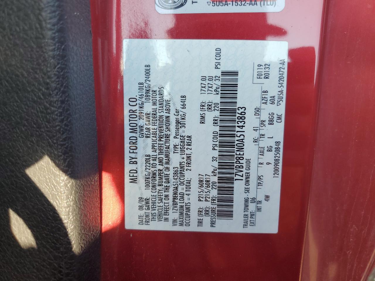 2010 Ford Mustang VIN: 1ZVBP8EN0A5143863 Lot: 63376975