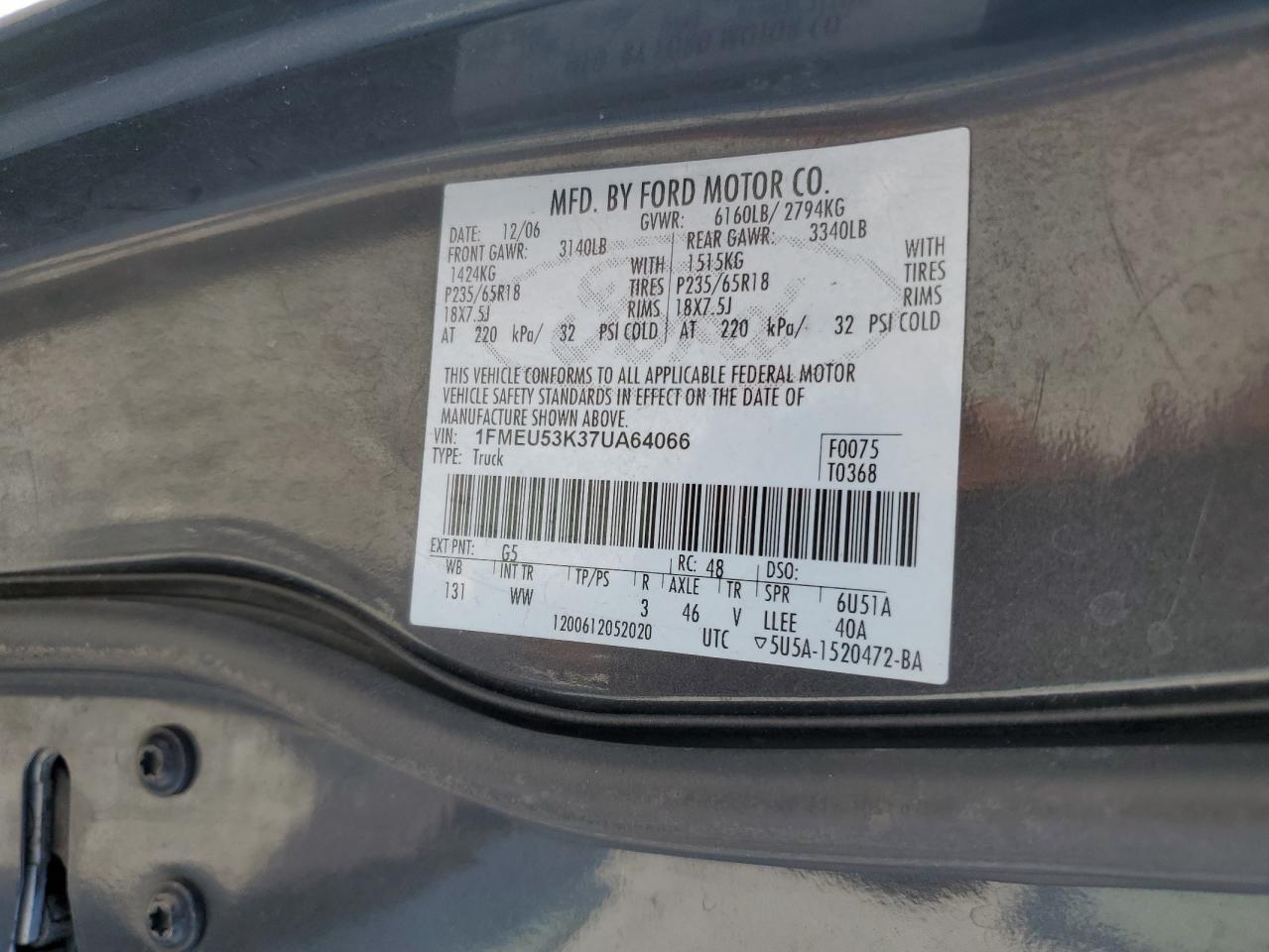 2007 Ford Explorer Sport Trac Limited VIN: 1FMEU53K37UA64066 Lot: 63933595