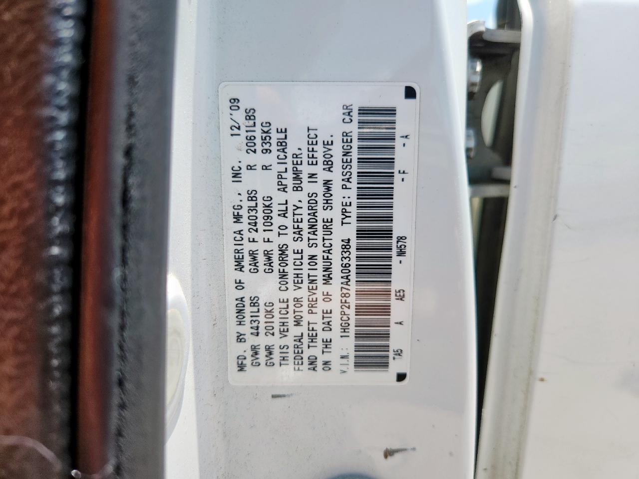 2010 Honda Accord Exl VIN: 1HGCP2F87AA063384 Lot: 63856705